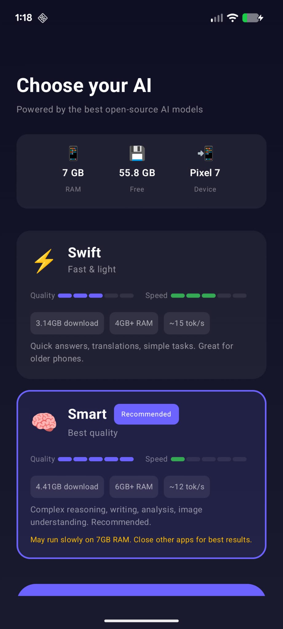 Hush AI mobile — choose your AI model