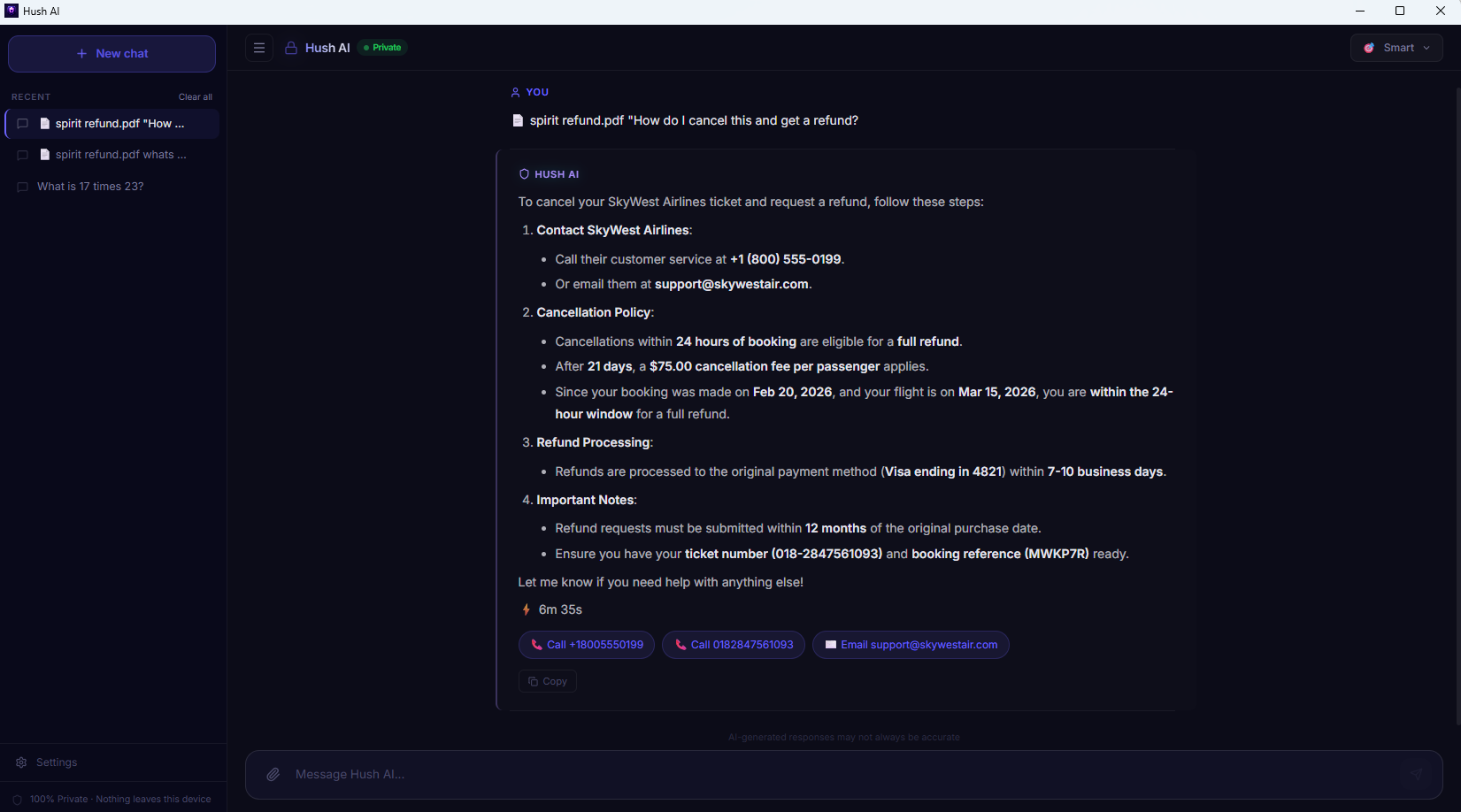 Hush AI desktop — PDF analysis with action buttons