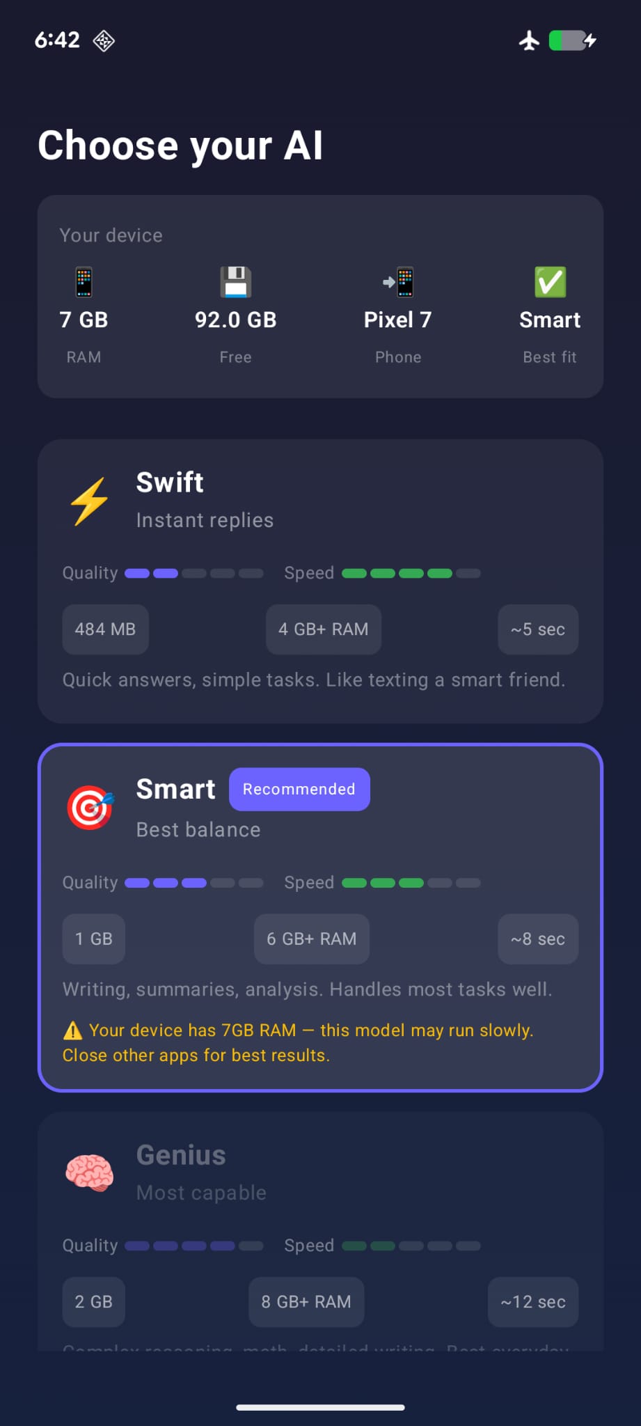 Hush AI mobile — choose your AI model